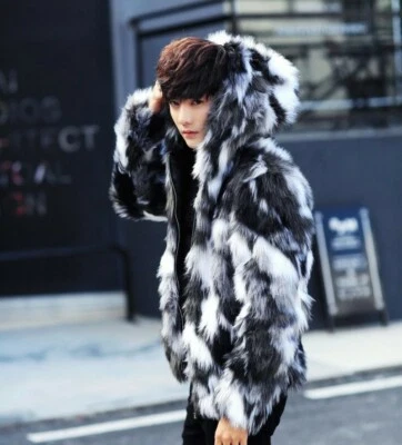Men Luxury Faux Fur Furry Hooded Warm Thicken Coat Jacket Outwear Parka Overcoat - Image 1 of 4
