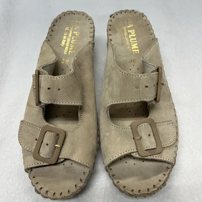 La Plume Beige Nubuck Leather Slide Wedge 2 Buckle Sandals Size 38, US 7-7.5 - Image 1 of 4