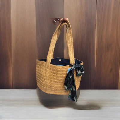 Bolso de Mano Draper James Paja Azul Marino Floral Seda Bufanda Preppy Verano Costero Foto 1 de 4