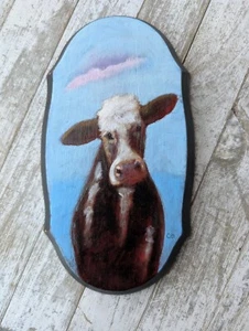 Dolce dipinto olio originale di mucca vitello su legno  - Foto 1 di 5