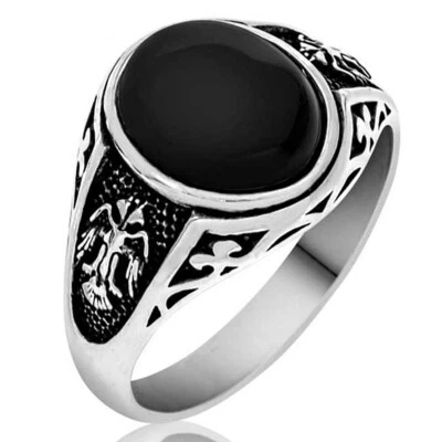 925 Sterling Silver Double Headed Eagle Design Onyx Stone Men's Ring - Image 1 of 4