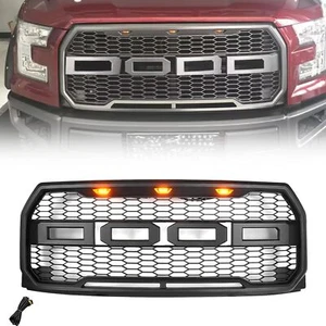 Front Upper Honeycomb Grill for 2015-2017 Ford F-150 W/ LED&Wiring Grey Grille - Picture 1 of 11