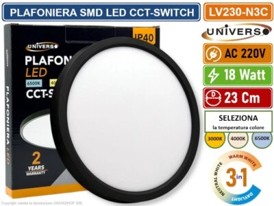 PLAFONIERA ULTRA SLIM SMD LED 18W ROTONDA 23CM IP40 COLORE NERO CCT 3 IN 1 - Immagine 1 di 4