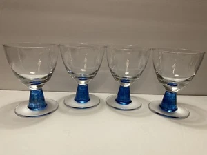 (4) Clear Glasses w/Blown Glass Blue Footed Stems & Clear Bases 5” Tall - Picture 1 of 9
