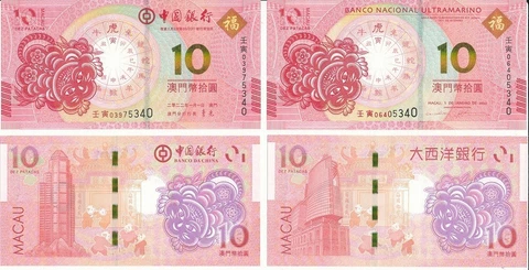 Macao Macau - set 4 x 10 Patacas 2022 - 2023 UNC BNU + BOC Year Tiger + Rabbit Cover