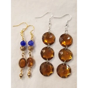 Handmade Earrings Blue Gold Dangle Drop Reclaimed Vintage Materials Glass Beads - Picture 1 of 9
