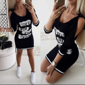 Protest Slogan Mini Dress Casual Black Off Cold Shoulder Three-quarter Sleeves - Picture 1 of 3