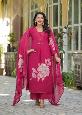 Rani Pink Cotton Kurta Palazzo Set with Large Floral Design - Image 1 of 4