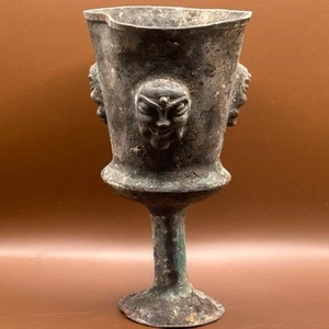 Very Unique Ancient Greek Bronze Rare Patina Wine Cup With 3 Faces - Picture 1 of 9