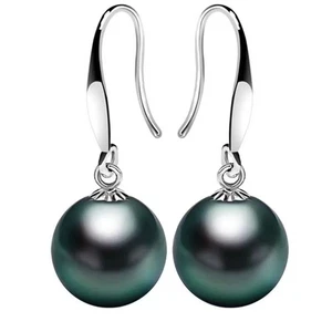 Pair 10-11mm South Sea Genuine black peacock Round Pearl Dangle Hook Earring 999 - Picture 1 of 17