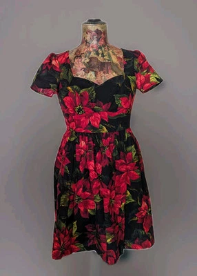 Y2K Modcloth Poinsettia Christmas Retro 1950s Style Pin Up Fit N Flare Dress Sz - Image 1 of 4