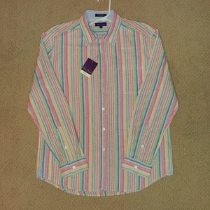 NEW ALAN FLUSSER MENS LARGE MULTICOLOR STRIPED LONG SLEEVE SHIRT LINEN BLEND - Picture 1 of 10