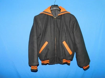 Chaqueta Universitaria De Colección M Negra Naranja Lana Abrigo Aislante Cremallera Completa Escuela Secundaria Foto 1 de 4