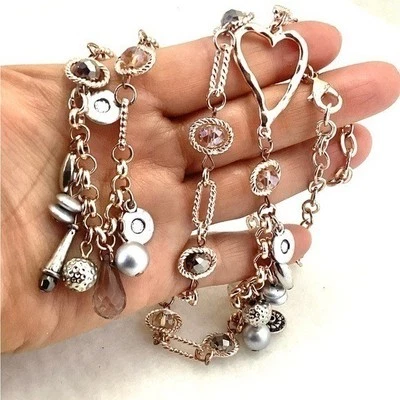 Rose Gold Crystal & Heart Charm Necklace 37” - Image 1 of 4