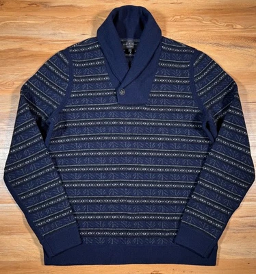 Rag & Bone Navy Blue Fair Isle 100% Wool Plush Knit Shawl Cowl Collar Sweater S - Image 1 of 4