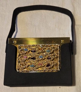 Cartera clutch compacta de maquillaje vintage Volupte tono dorado con detalles de gemas RM1163 - Imagen 1 de 9