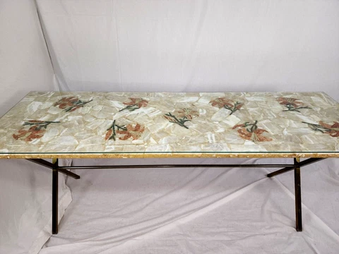 Inlaid Flowers Marble Long Table Chrome Legs Mid Century Modern Vintage Colorful Cover