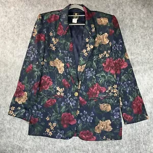 Vintage Jacke Blazer Damen mittelblau Blumen Landhaus Oversize Kastig Retro - Bild 1 von 10
