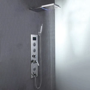 Silver Massage LED Shower Panel System Digital Display 4-Way Mixer Valve Tap Set - Picture 1 of 8