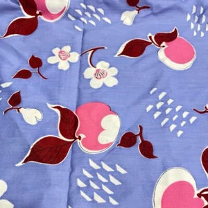 VTG 1½+ YD 40s-50s STYLIZED APPLE / BLOSSOM PRINT COTTON FABRIC BLUE PINK - Picture 1 of 3