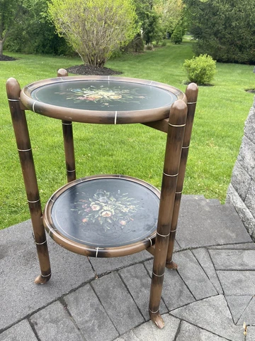 Vintage Chinoiserie Faux Bamboo Side Table with Two Removable Wood Tray 29x16.5 Cover