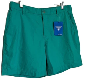 Columbia Men’s 30W 6”Inseam Shorts Logo Flat Front 100% Cotton Teal NWT - Picture 1 of 11