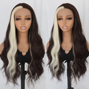 Brown Blonde Highlight Hair Ombre Synthetic Lace Front Wigs Glueless Women Party - Picture 1 of 8