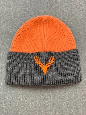 Deer Hunting Orange Gray Beanie Hat One Size Embroidered Patch Stretch Fit Soft - Image 1 of 4