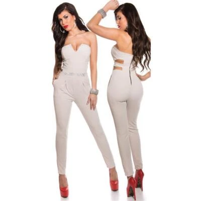 Eleganter Bandeau Overall Jumpsuit mit Strass Beige #OV205 - Bild 1 von 4