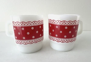 Set of 2 Fire King Polka Dot Milk Glass Red White Coffee Mugs Anchor Hocking - Picture 1 of 12