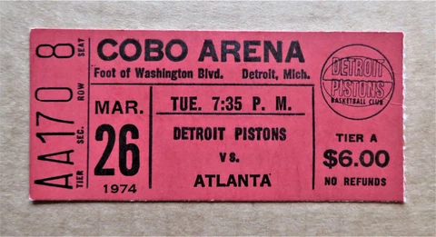 Detroit Pistons vs Atlanta Flames Ticket stub Mar 26, 1974 - COBO Arena ! Cover