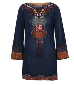 Ivko Wool Tunic Long Shirt Blue Geometric Pattern 46 XXXL Viscose - Picture 1 of 1