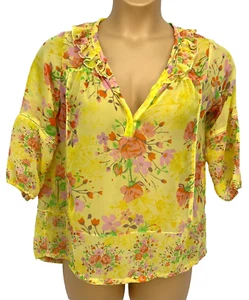 DREAM OUT LOUD By Selena Gomez Sheer Floral Blouse XL Yellow 3/4 V Neck Sleeves - Picture 1 of 16