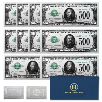 US 500 Dollars Silver Foil Banknotes 10pcs in Envelope Plastic Ornament Money - Image 1 of 4