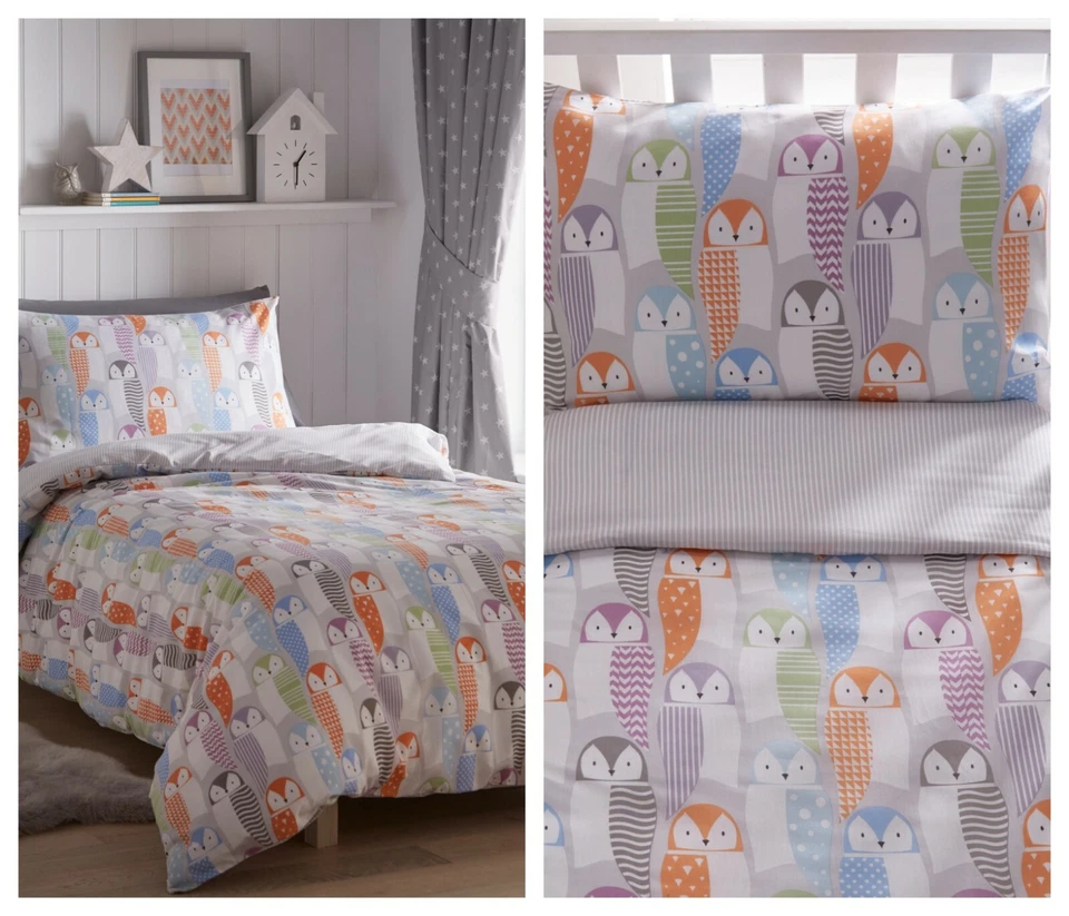 Kids Club Reversible Owls Striped Duvet Cover Sets - Cot OR Junior / Toddler Bed - Image 1 of 1