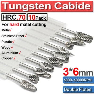 10x Tungsten Carbide Point Rotary Burr Bit Grinder Shank Carving Tools Kit 3*6mm - Image 1 of 4