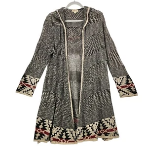 One World Open Front Long Cardigan 2X Hooded Duster Aztec Print Open Knit Boho - Picture 1 of 11