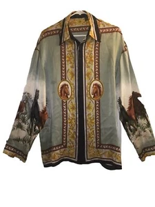 VINTAGE MENS VERSAI GOLD Art To Wear Equestrian wild HORSES Silk SHIRT Medium - Picture 1 of 8
