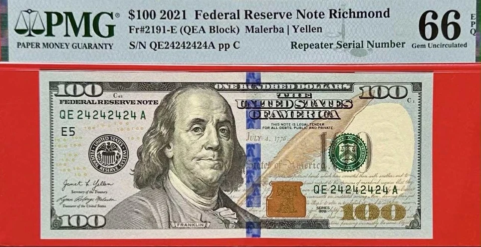 100 Dollar 2021 Repeater Serial Number 24242424 Gem UNC PMG 66EPQ_LDP Shop. - Image 1 of 1