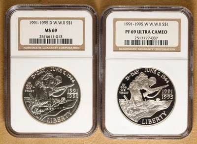 1991-95 Unc & Proof World War II Commemorative Silver Dollars NGC MS69 & PF69 - Image 1 of 2