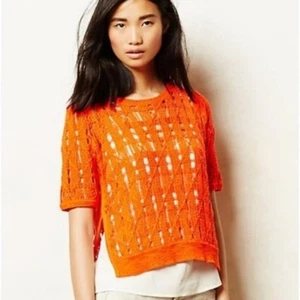 Anthropologie {Moth} Orange Side Slice Open Weave Sweater Knit Top Small - Picture 1 of 6