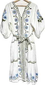 Roller Rabbit Floral Linen Dress Womens Large Poof Short Sleeve Lined Blue Green - Picture 1 of 18