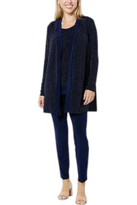 Nina Leonard set 3 pezzi cardigan maglia glitter canotta e pantaloni blu navy - Foto 1 di 1