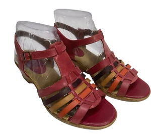 Softspots Women's Leather Sandal Red Beige Size 8 W 2" Heel Comfort open Toe - Picture 1 of 11