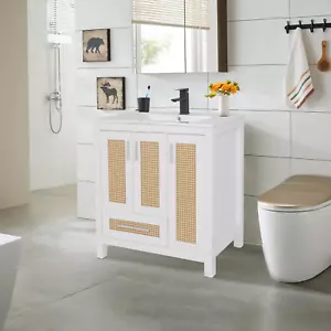 30" Bathroom Vanity Sink Combo Cabinet with 3 Shelves Drawer Ample Storage White - Picture 1 of 15