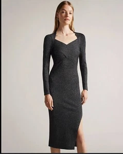 Abito TED BAKER Tabytha in maglia elasticizzata con spacco incrociato taglia 1 (4) nero argento NUOVO - Foto 1 di 11