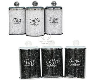 TEA COFFEE SUGAR CANISTER JAR SET CRYSTAL CRUSHED DIAMOND AIRTIGHT KITCHEN GIFT - Picture 1 of 7