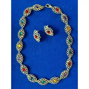 Goldtone Filigree Links Colored Cabochons Necklace and Earring Set - Picture 1 of 10