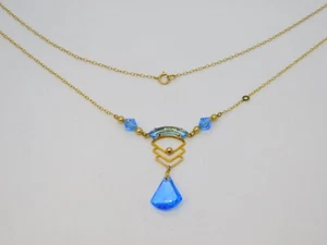 15ct Yellow Gold, Blue Glass & Pearl Lavalier Drop Necklace Antique c1930 Deco - Picture 1 of 9