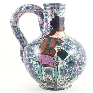 Handmade Art Pottery Folk Art Jug Tip Toe Through The Tulips Pink Blue Signed  - Picture 1 of 12